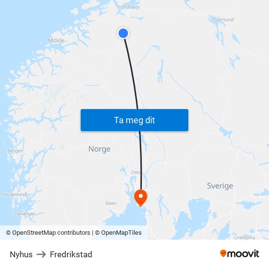 Nyhus to Fredrikstad map