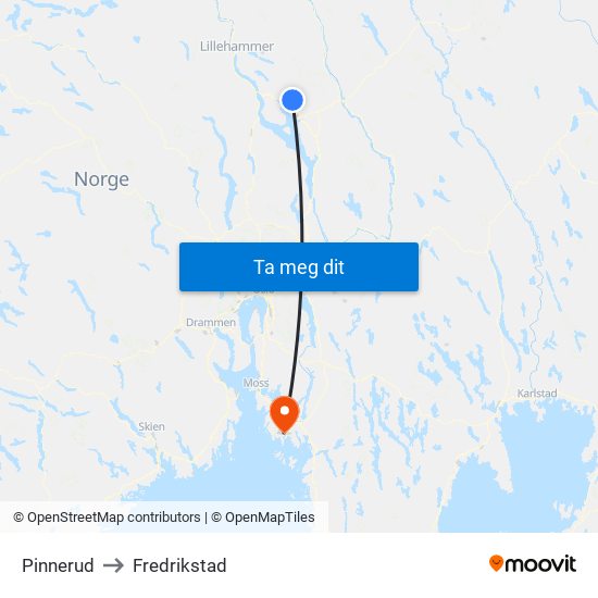 Pinnerud to Fredrikstad map