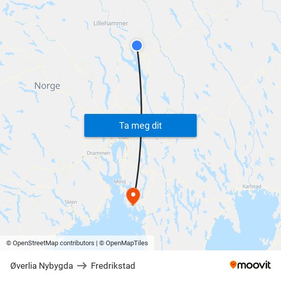 Øverlia Nybygda to Fredrikstad map