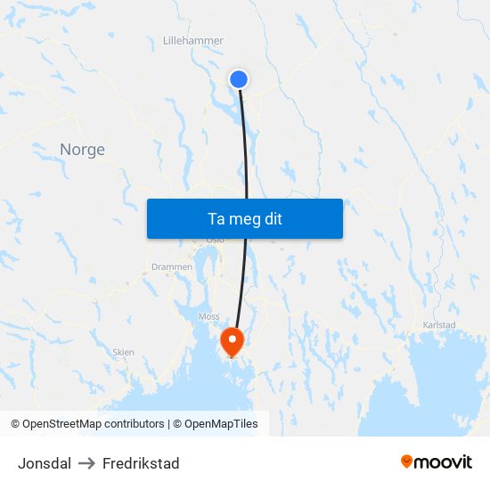 Jonsdal to Fredrikstad map