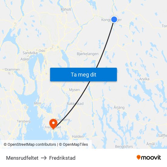 Mensrudfeltet to Fredrikstad map