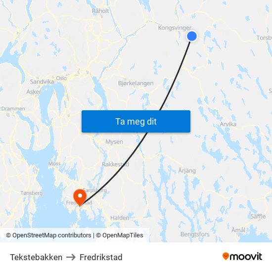 Tekstebakken to Fredrikstad map