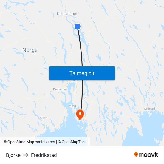 Bjørke to Fredrikstad map