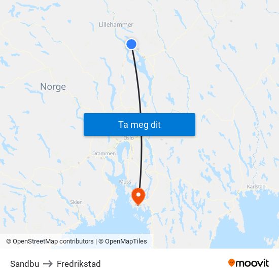 Sandbu to Fredrikstad map