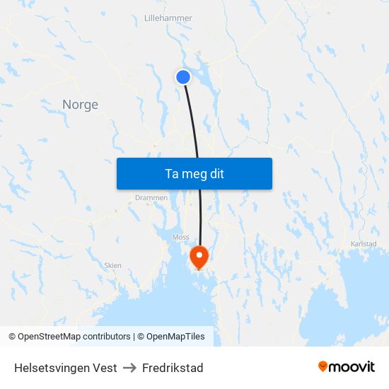 Helsetsvingen Vest to Fredrikstad map