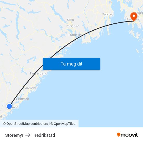 Storemyr to Fredrikstad map