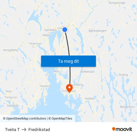 Tveita T to Fredrikstad map