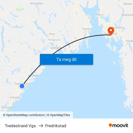 Tvedestrand Vgs. to Fredrikstad map