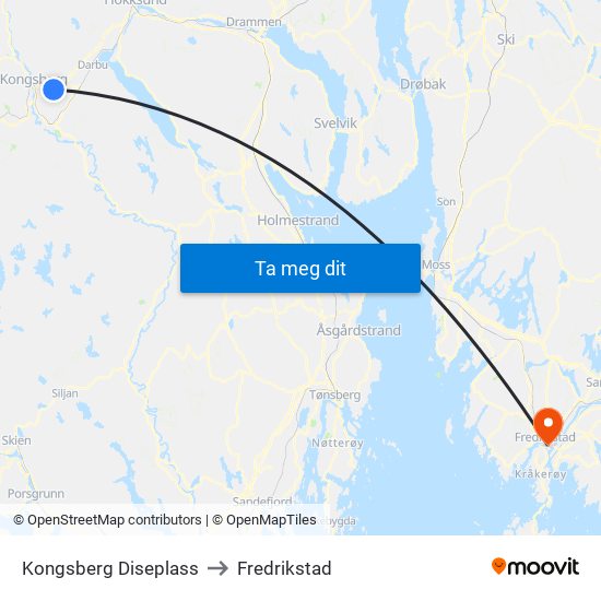 Kongsberg Diseplass to Fredrikstad map
