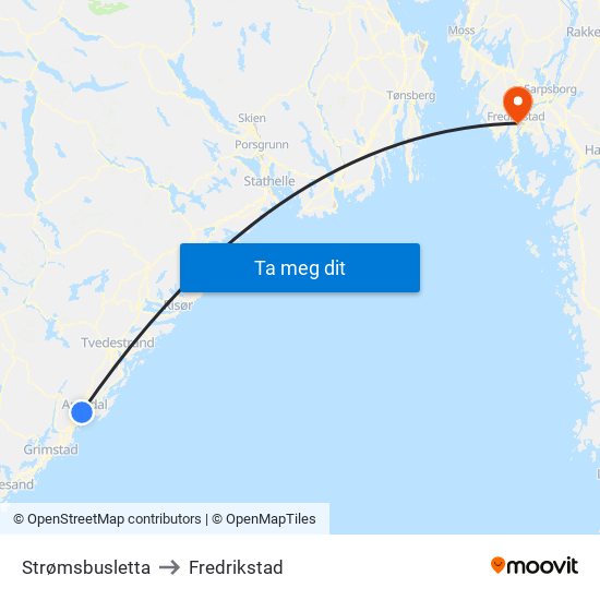 Strømsbusletta to Fredrikstad map