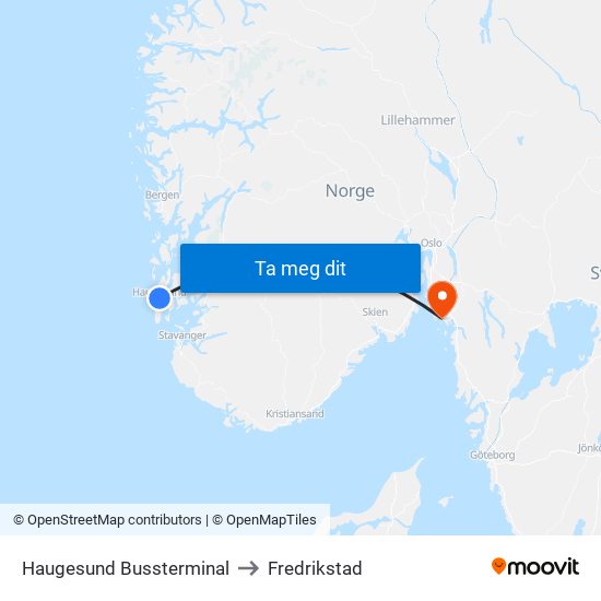 Haugesund Bussterminal to Fredrikstad map