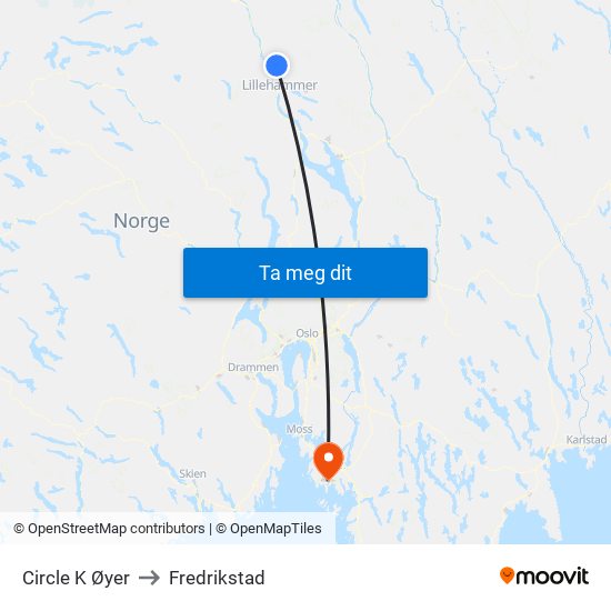 Circle K Øyer to Fredrikstad map