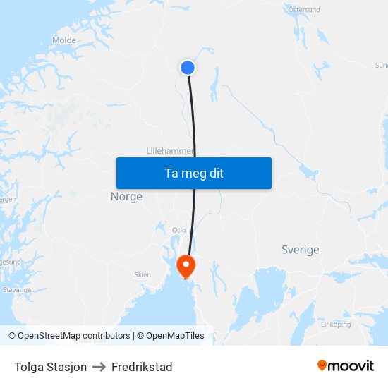 Tolga Stasjon to Fredrikstad map