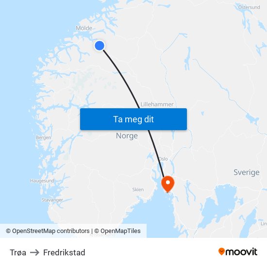 Trøa to Fredrikstad map