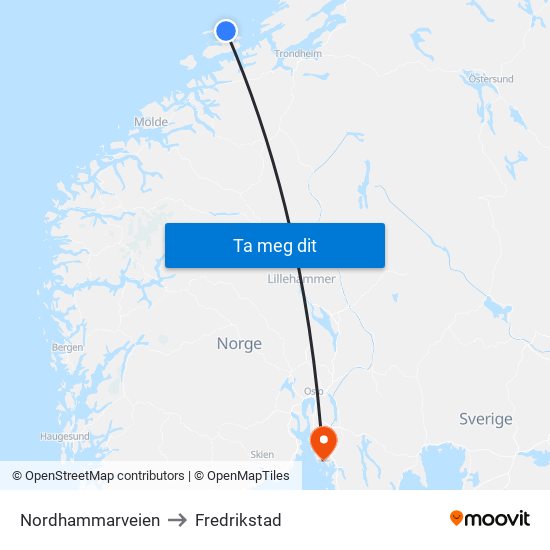 Nordhammarveien to Fredrikstad map