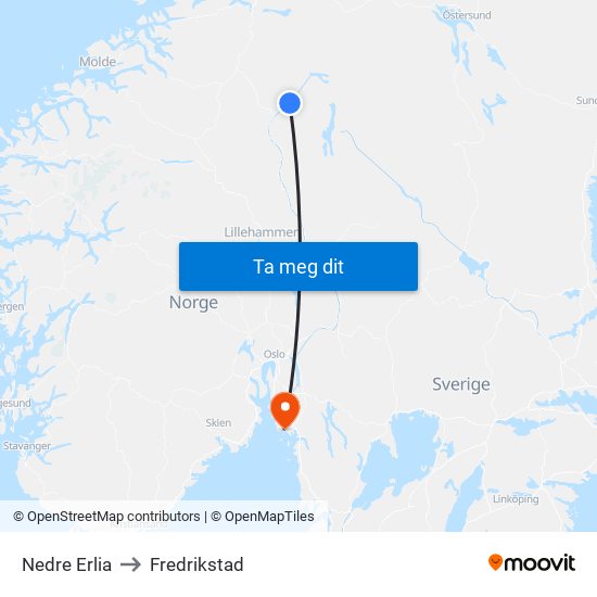 Nedre Erlia to Fredrikstad map