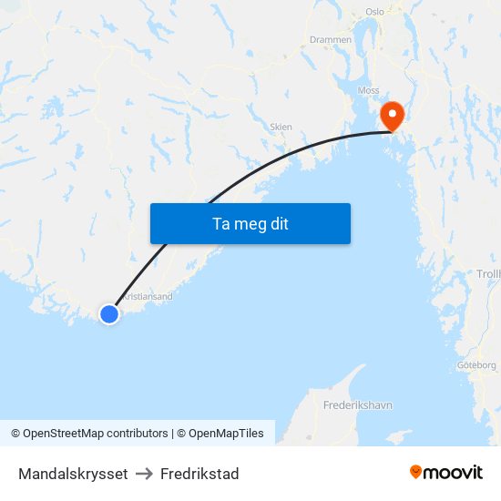 Mandalskrysset to Fredrikstad map