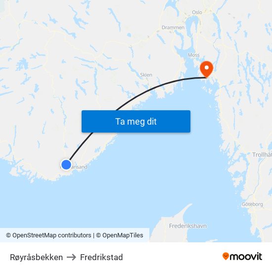 Røyråsbekken to Fredrikstad map
