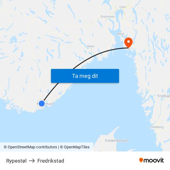Rypestøl to Fredrikstad map