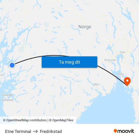 Etne Terminal to Fredrikstad map