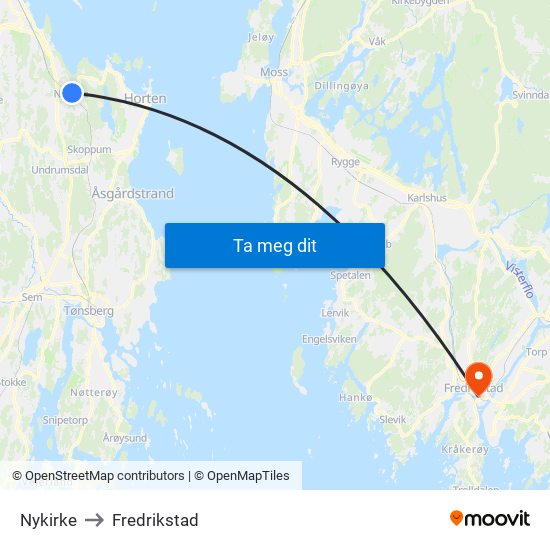 Nykirke to Fredrikstad map