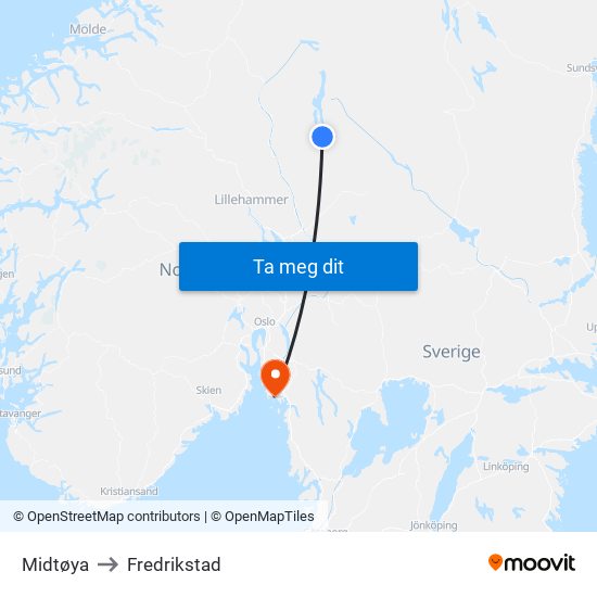 Midtøya to Fredrikstad map