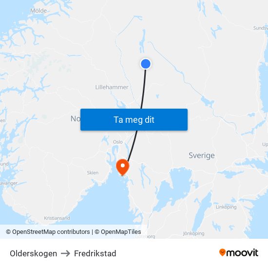 Olderskogen to Fredrikstad map