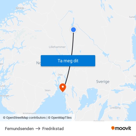 Femundsenden to Fredrikstad map