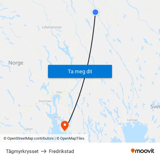 Tågmyrkrysset to Fredrikstad map