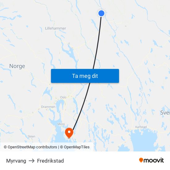 Myrvang to Fredrikstad map