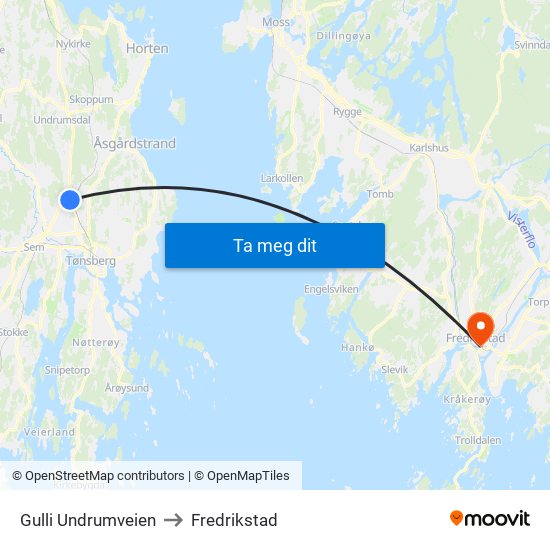 Gulli Undrumveien to Fredrikstad map