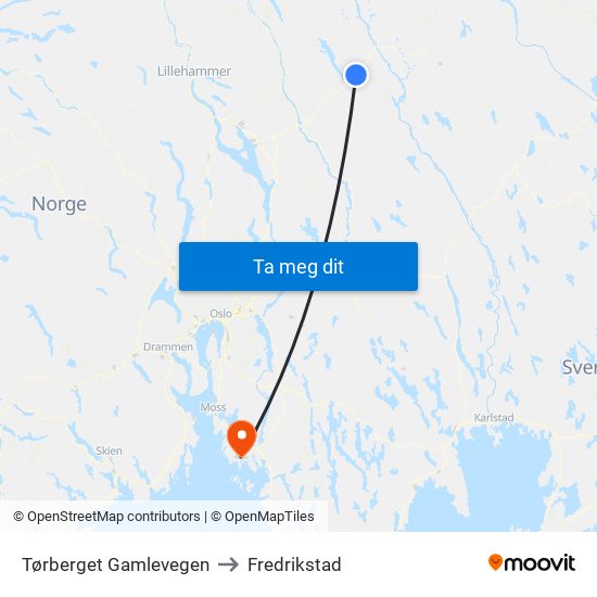 Tørberget Gamlevegen to Fredrikstad map