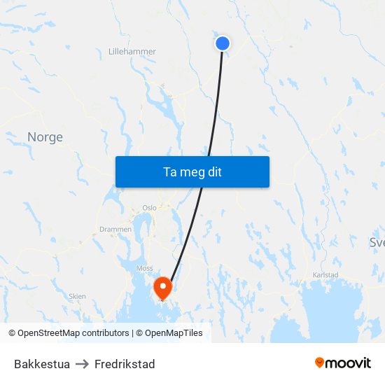 Bakkestua to Fredrikstad map