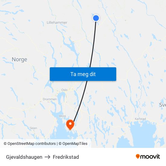 Gjevaldshaugen to Fredrikstad map