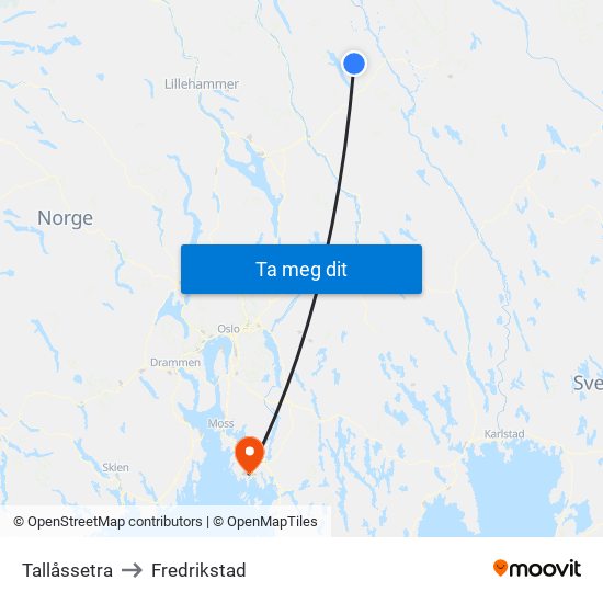 Tallåssetra to Fredrikstad map