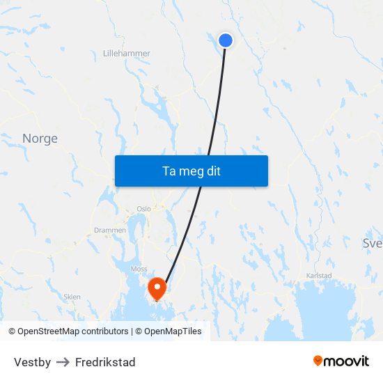 Vestby to Fredrikstad map