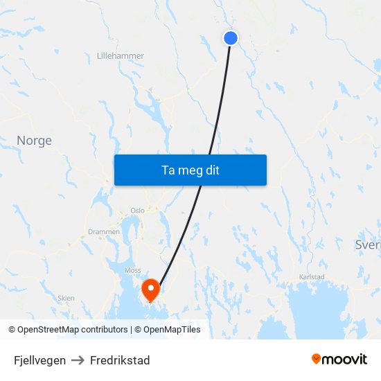 Fjellvegen to Fredrikstad map