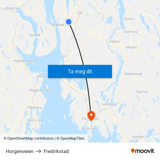 Horgenveien to Fredrikstad map