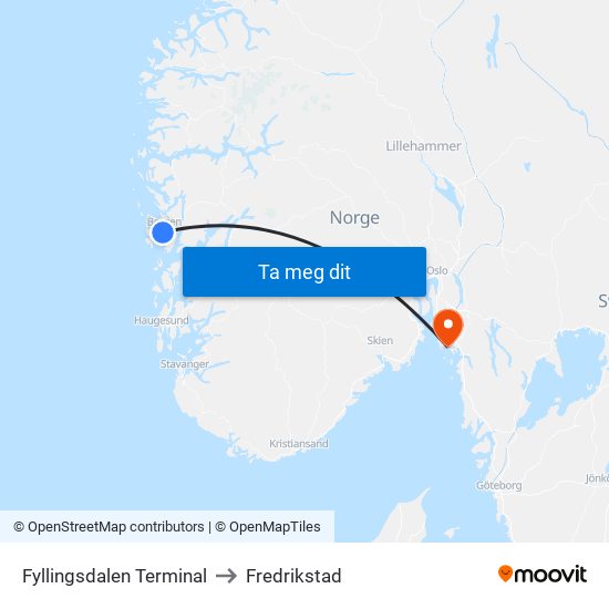 Fyllingsdalen Terminal to Fredrikstad map