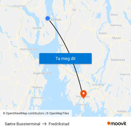 Sætre Bussterminal to Fredrikstad map