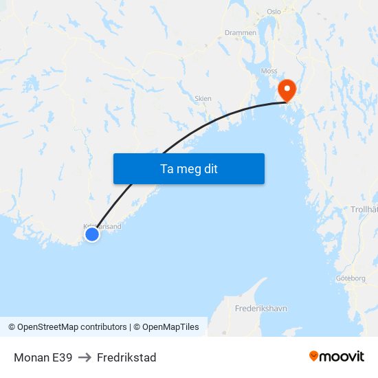 Monan E39 to Fredrikstad map