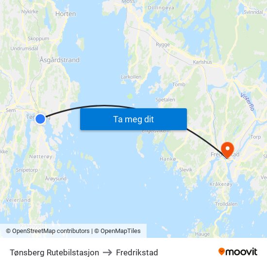 Tønsberg Rutebilstasjon to Fredrikstad map