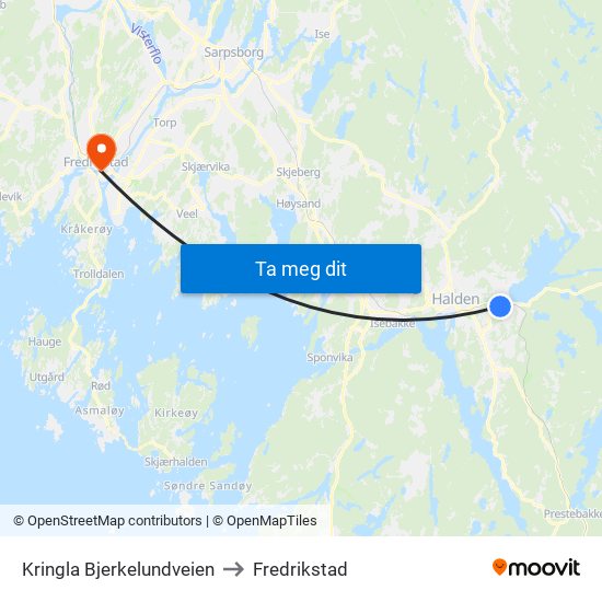 Kringla Bjerkelundveien to Fredrikstad map