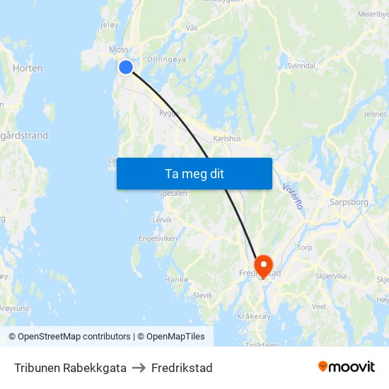 Tribunen Rabekkgata to Fredrikstad map