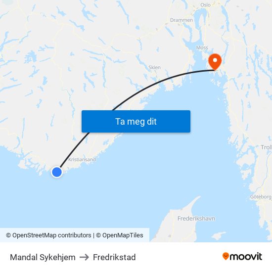 Mandal Sykehjem to Fredrikstad map