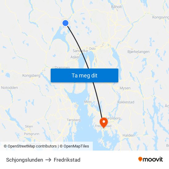 Schjongslunden to Fredrikstad map