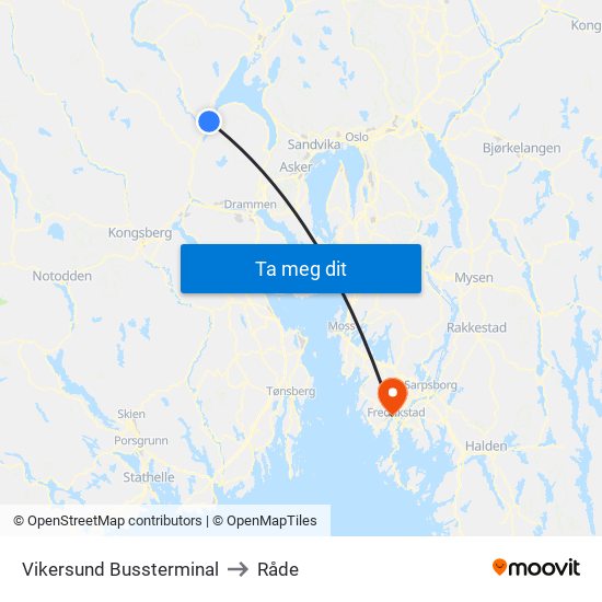 Vikersund Bussterminal to Råde map