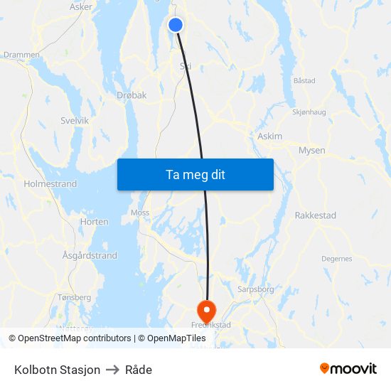 Kolbotn Stasjon to Råde map