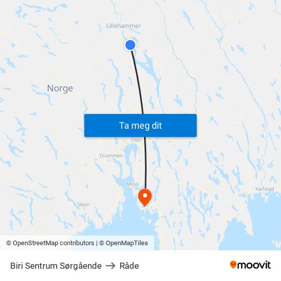 Biri Sentrum Sørgående to Råde map