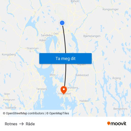 Rotnes to Råde map